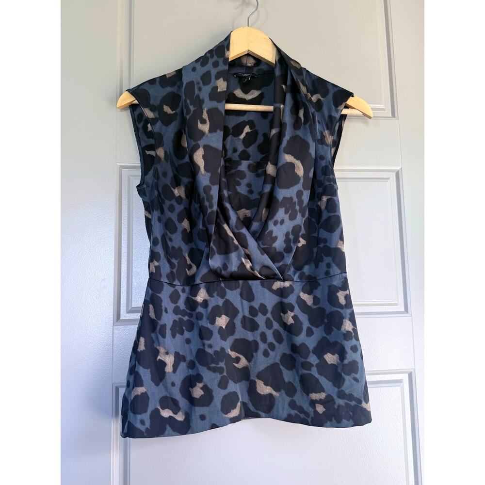 ANN TAYLOR blue black gold leopard print sleeveless cowl neck career top blouse